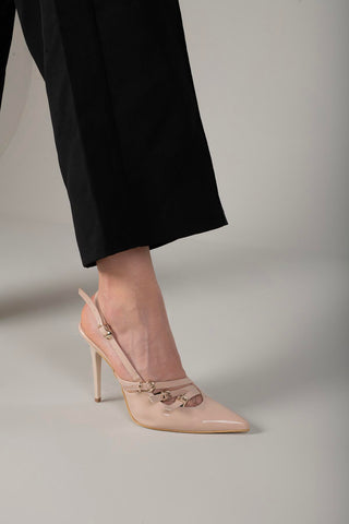 Ciza Üç Bantlı Toka Detaylı İnce Topuk 10 Cm Nude Rugan Stiletto