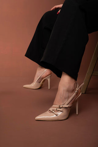 Ciza Üç Bantlı Toka Detaylı İnce Topuk 10 Cm Nude Rugan Stiletto