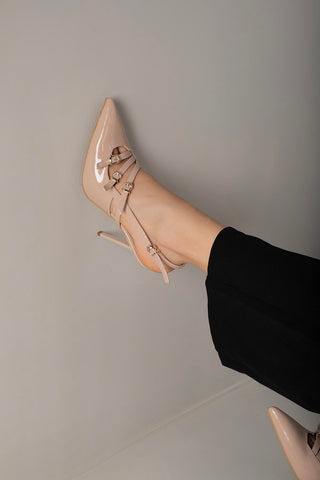 Ciza Üç Bantlı Toka Detaylı İnce Topuk 10 Cm Nude Rugan Stiletto