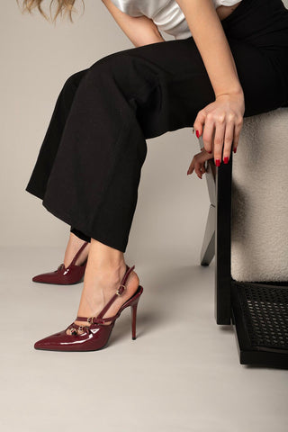 Ciza Üç Bantlı Toka Detaylı İnce Topuk 10 Cm Cherry Stiletto