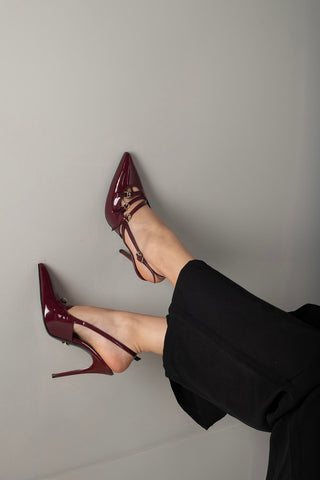 Ciza Üç Bantlı Toka Detaylı İnce Topuk 10 Cm Cherry Stiletto