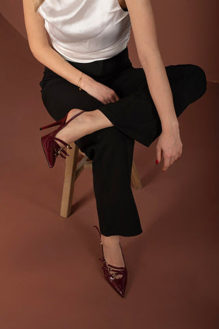 Ciza Üç Bantlı Toka Detaylı İnce Topuk 10 Cm Cherry Stiletto