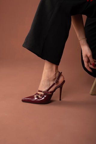Ciza Üç Bantlı Toka Detaylı İnce Topuk 10 Cm Cherry Stiletto