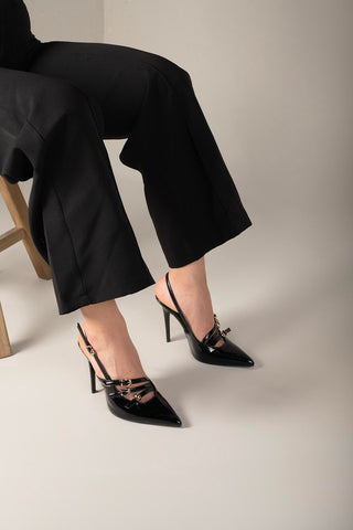 Ciza Üç Bantlı Toka Detaylı İnce Topuk 10 Cm Siyah Rugan Stiletto