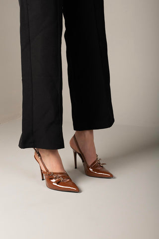Ciza Üç Bantlı Toka Detaylı İnce Topuk 10 Cm Taba Rugan Stiletto