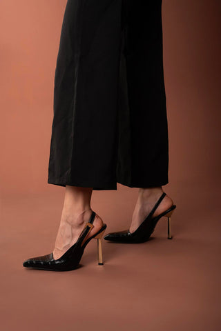 Jade Toka Detaylı İnce Topuk 10 Cm Siyah Kroko Stiletto