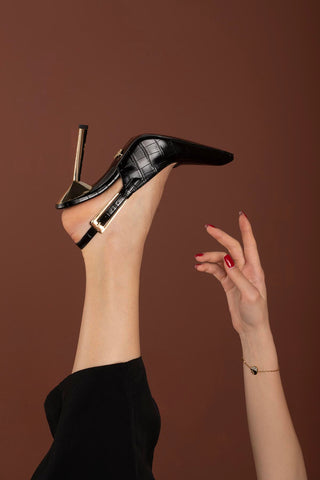 Jade Toka Detaylı İnce Topuk 10 Cm Siyah Kroko Stiletto