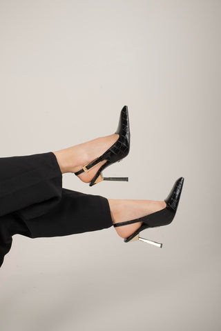 Jade Toka Detaylı İnce Topuk 10 Cm Siyah Kroko Stiletto