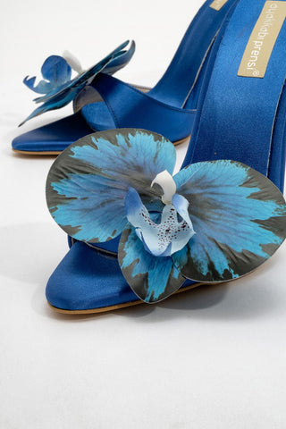 Lily Çiçek Detaylı İnce Topuk 10 Cm Saks Saten Terlik