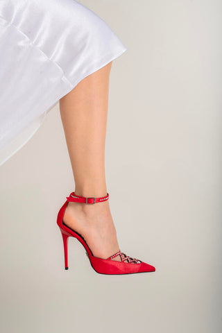 Maven Taş Detaylı İnce Topuk 10 Cm Kırmızı Süet Stiletto