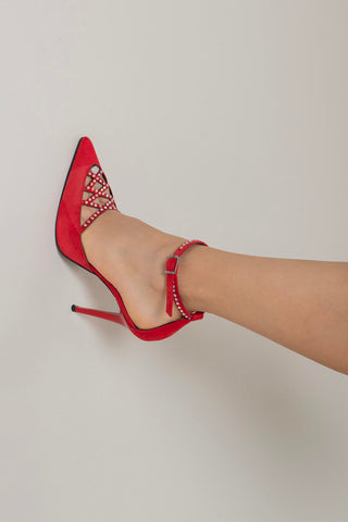 Maven Taş Detaylı İnce Topuk 10 Cm Kırmızı Süet Stiletto