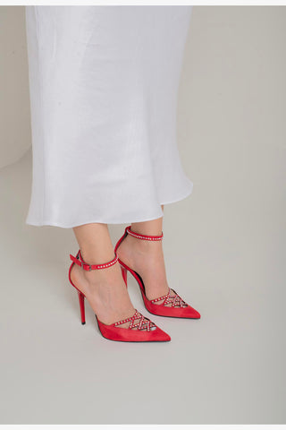 Maven Taş Detaylı İnce Topuk 10 Cm Kırmızı Süet Stiletto