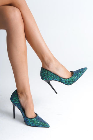 Nadja İnce Topuk 10 Cm Zümrüt Cam Kırığı Stiletto