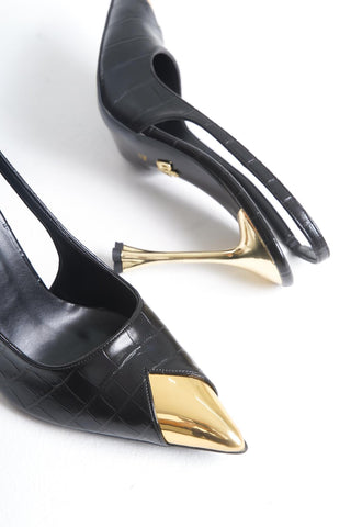Nixi İnce Topuk 10 Cm Altın Detaylı Siyah Kroko Stiletto