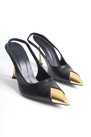 Nixi İnce Topuk 10 Cm Altın Detaylı Siyah Kroko Stiletto