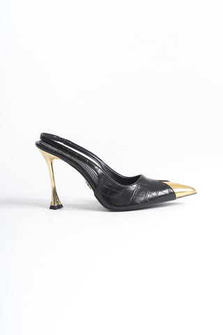 Nixi İnce Topuk 10 Cm Altın Detaylı Siyah Kroko Stiletto
