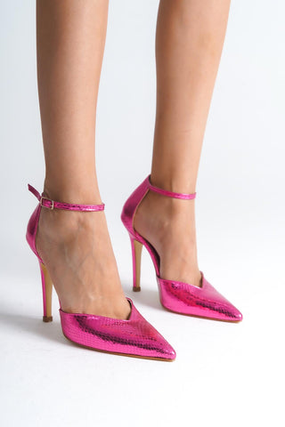 3528 Bilekten Bantlı İnce Topuk 10 Cm Fuşya Yılan Desenli Stiletto