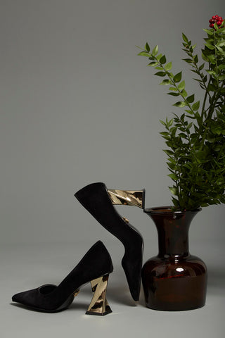 Empire Kalın Topuk 8 Cm Siyah Süet Stiletto