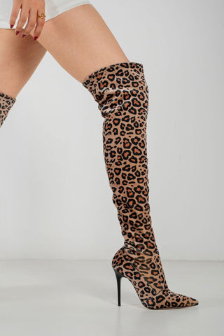 Mindy Diz Üstü Streç İnce Topuk 10 Cm Leopar Çizme