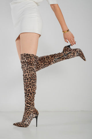 Mindy Diz Üstü Streç İnce Topuk 10 Cm Leopar Çizme