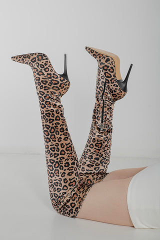 Mindy Diz Üstü Streç İnce Topuk 10 Cm Leopar Çizme