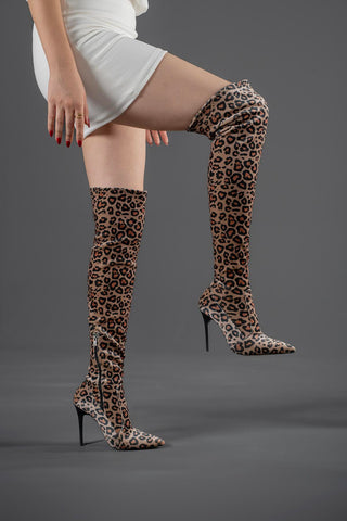 Mindy Diz Üstü Streç İnce Topuk 10 Cm Leopar Çizme