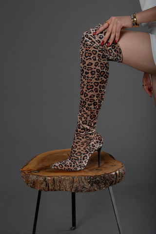 Mindy Diz Üstü Streç İnce Topuk 10 Cm Leopar Çizme