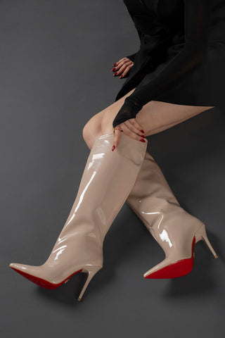 Rakkas İnce Topuk 10 Cm Nude Rugan Çizme