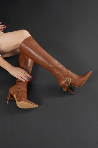 Roxy Toka Detaylı İnce Topuk 10 Cm Taba Mat Çizme