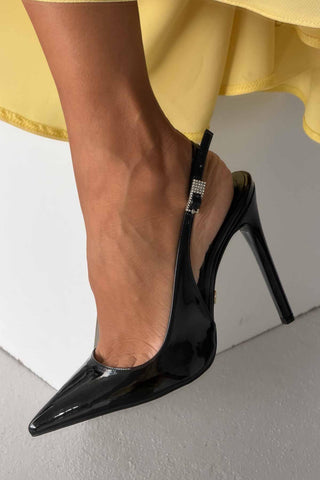 Awed Taşlı Toka Detaylı İnce Topuk 12 Cm Siyah Rugan Stiletto