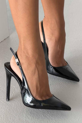Awed Taşlı Toka Detaylı İnce Topuk 12 Cm Siyah Rugan Stiletto