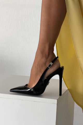 Awed Taşlı Toka Detaylı İnce Topuk 12 Cm Siyah Rugan Stiletto