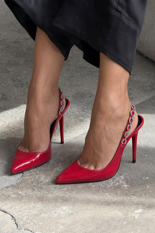 Jazzy Taş Detaylı İnce Topuk 10 Cm Kırmızı Rugan Stiletto