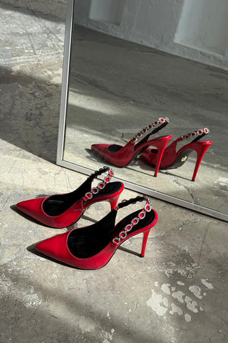 Jazzy Taş Detaylı İnce Topuk 10 Cm Kırmızı Rugan Stiletto