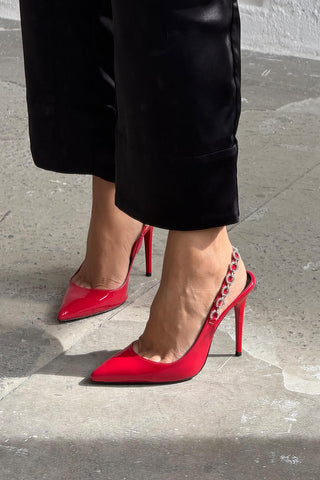 Jazzy Taş Detaylı İnce Topuk 10 Cm Kırmızı Rugan Stiletto