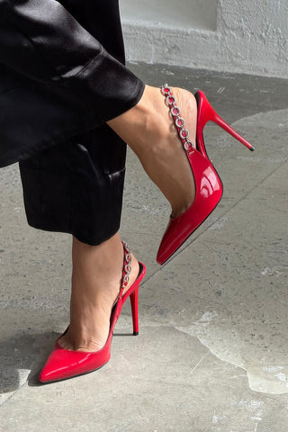 Jazzy Taş Detaylı İnce Topuk 10 Cm Kırmızı Rugan Stiletto