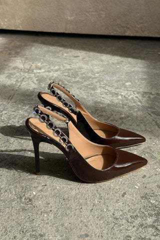 Jazzy Taş Detaylı İnce Topuk 10 Cm Acı Kahve Rugan Stiletto