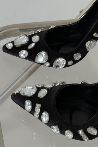 Juju Taş Detaylı İnce Topuk 10 Cm Siyah Kadife Stiletto