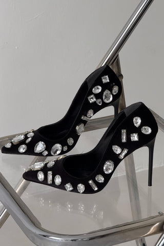 Juju Taş Detaylı İnce Topuk 10 Cm Siyah Kadife Stiletto
