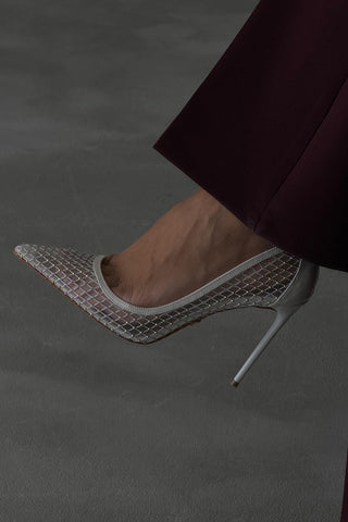 Romy Taş Detaylı Fileli İnce Topuk 10 Cm Beyaz Rugan Stiletto