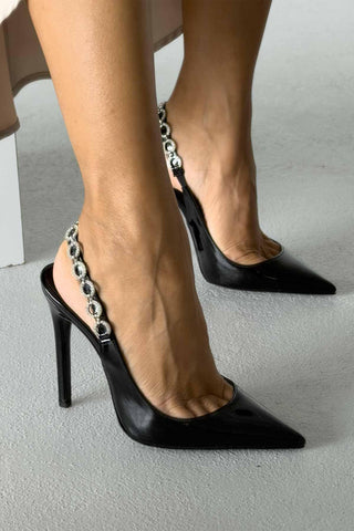 Reiko Taş Detaylı İnce Topuk 12 Cm Siyah Rugan Stiletto