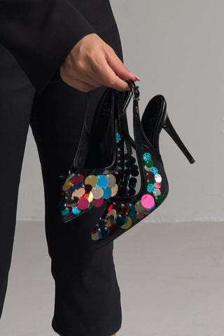 Varun Renkli Pullu İnce Topuk 10 Cm Siyah Rugan Stiletto