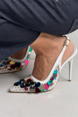 Varun Renkli Pullu İnce Topuk 10 Cm Beyaz Rugan Stiletto
