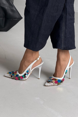 Varun Renkli Pullu İnce Topuk 10 Cm Beyaz Rugan Stiletto
