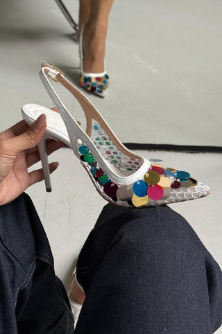 Varun Renkli Pullu İnce Topuk 10 Cm Beyaz Rugan Stiletto