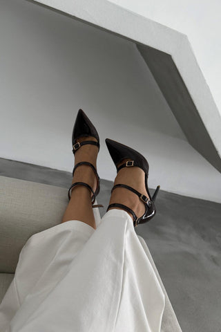 Ava Üç Bantlı İnce Topuk 10 Cm Acı Kahve Rugan Stiletto