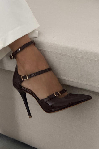 Ava Üç Bantlı İnce Topuk 10 Cm Acı Kahve Rugan Stiletto