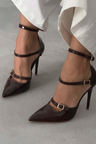 Ava Üç Bantlı İnce Topuk 10 Cm Acı Kahve Rugan Stiletto