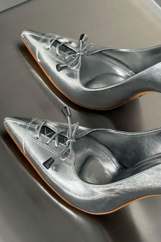 Enid Bağcık Detaylı İnce Topuk 10 Cm Gümüş Kırışık Stiletto