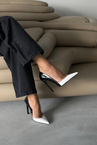 Mika İnce Topuk 12 Cm Beyaz Siyah Stiletto